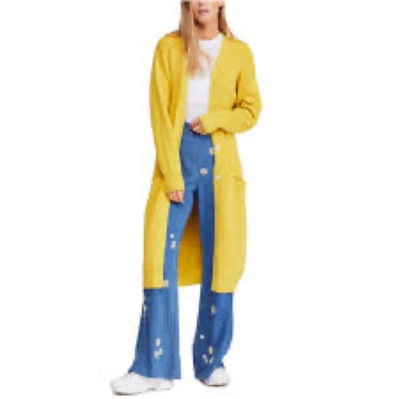 Free People Long Fall Cardigan Yellow/Pineapple sz M - Picture 3 of 6